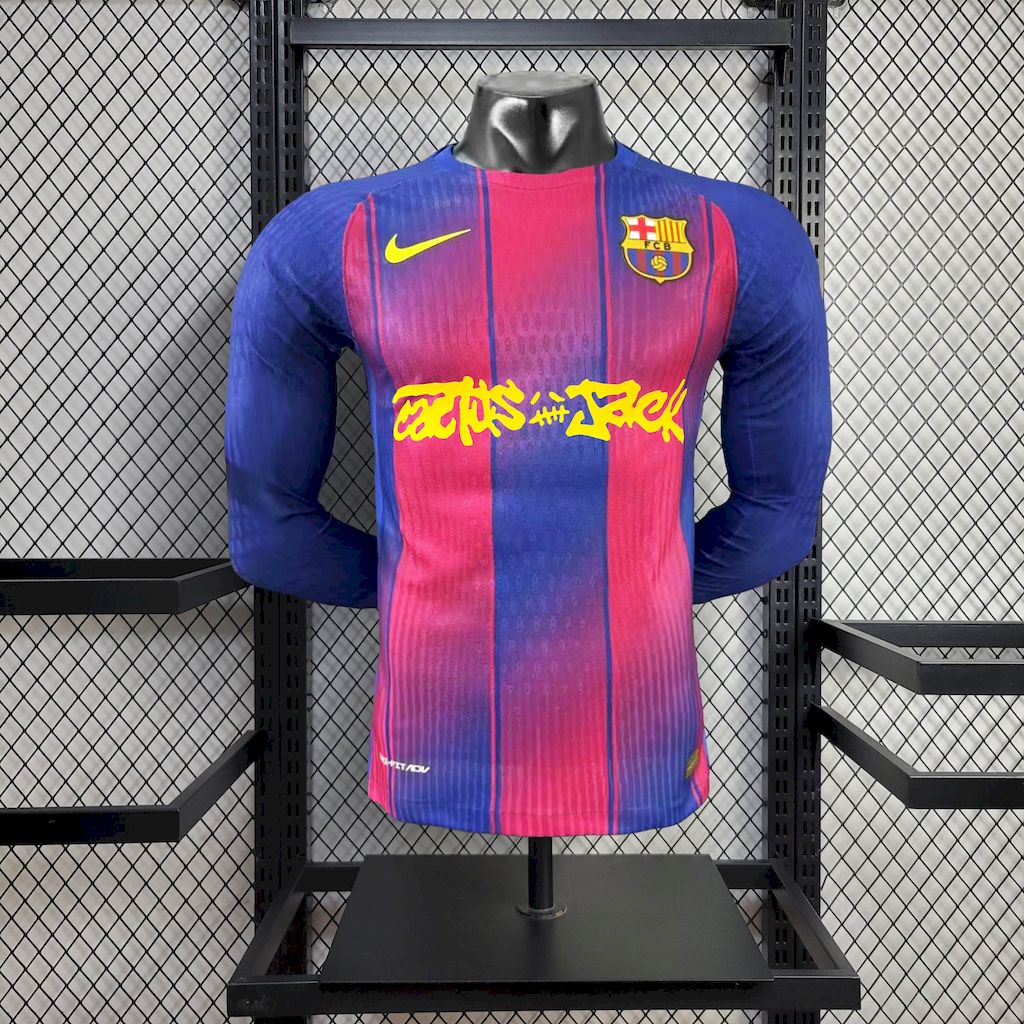 Mens Barcelona 2025/26 Travis Scott Edition Home Long Sleeves Jersey Player Version